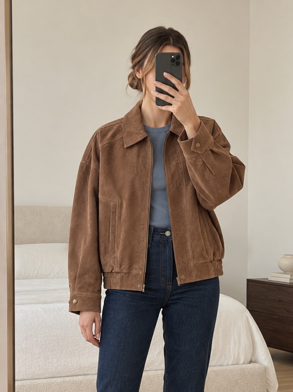 Heartloom Sully Genuine Suede Brown Bomber Jacket Size M NWT